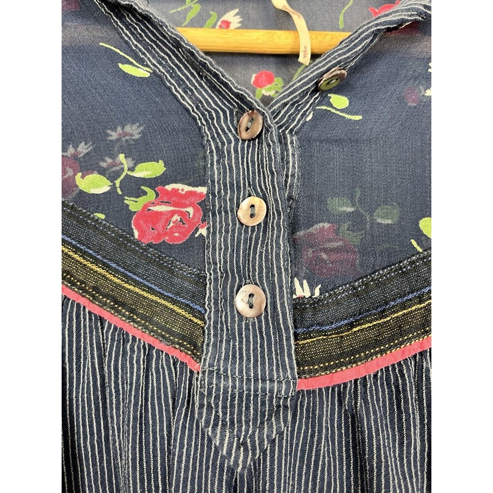 Free People Boho Tunic Top Blue Stripe Floral Sheer Yoke Long Sleeve Size S - Picture 6 of 11